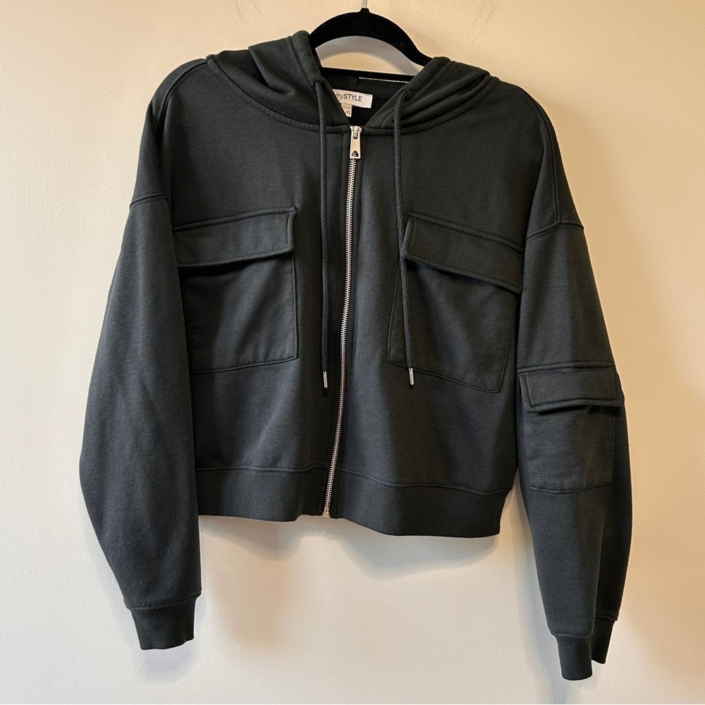 Women's Large Cropped Hoodie Zipped Front Pockets Dark Grey Oversized